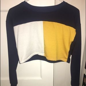 Cropped Block Sweater. Navy Blue, Yellow, White.